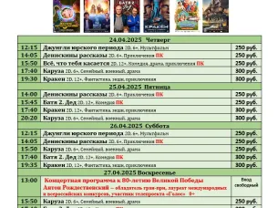 ККЗ «Мир» Расписание киносеансов c 24 апреля по 30 апреля 2025г.