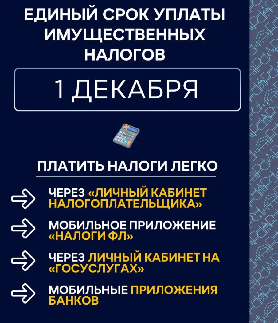 Напоминаем о необходимости оплаты налогов физлицами не позднее 1 декабря 2025 года!