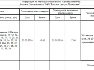 Внеплановое отключение ЭЭ на 23.05.2024 г.